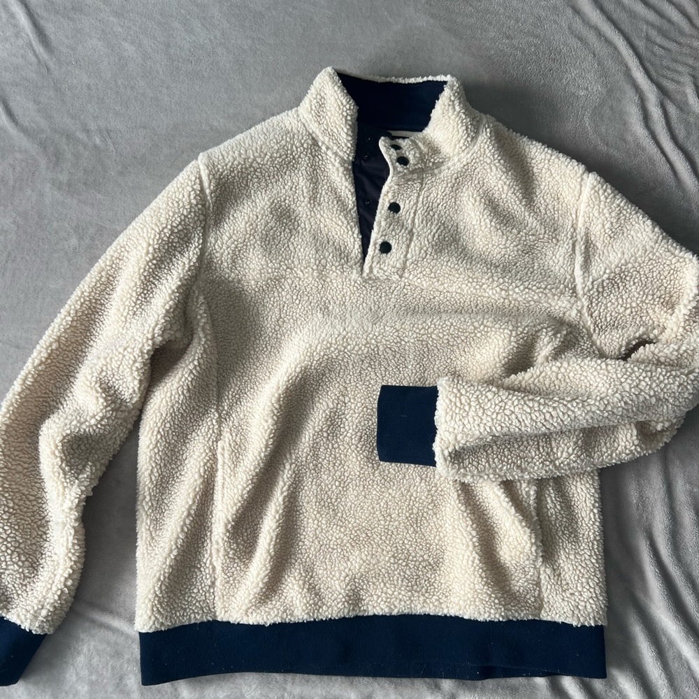 J. Crew Men's Cream Sherpa Sweater with Navy Trim